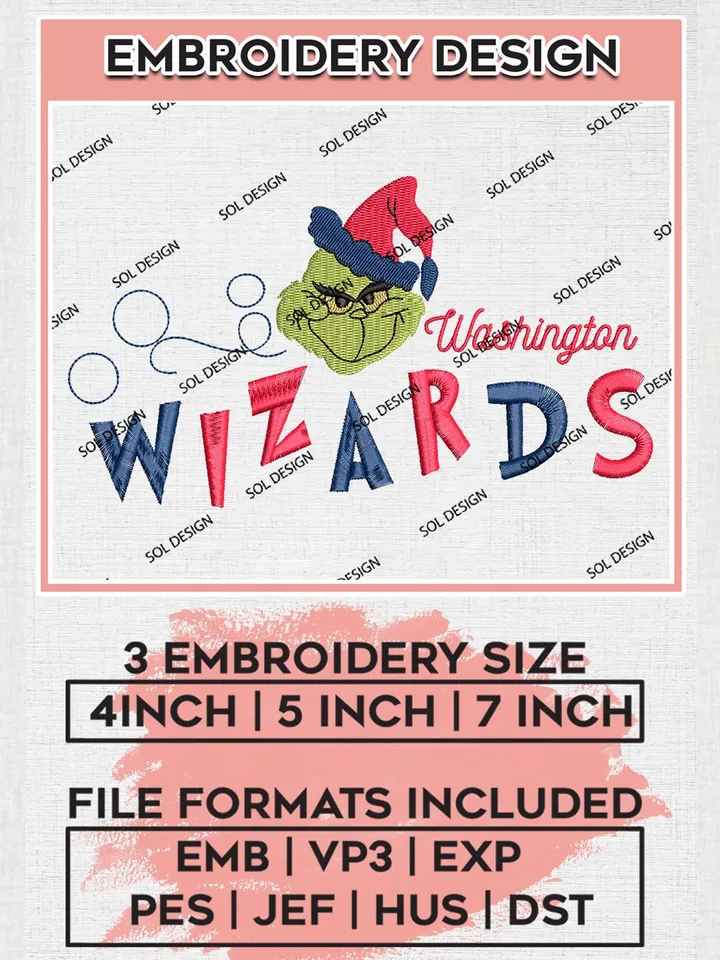 Grinch Washington Wizards Embroidery Designs, Grinch Christmas Embroidery Files, NBA Washington Wizards Machine Embroidery Designs, NBA Wizards Logo, NBA Christmas Machine Embroidery Design, Digital Download