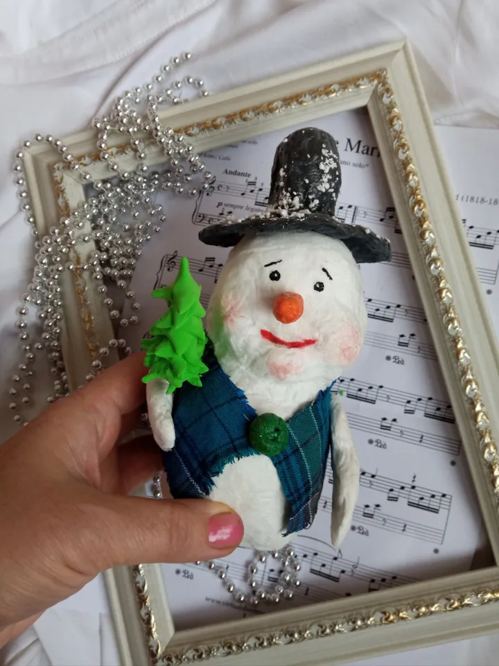 Adorable handmade snowman with Christmas tree. Decoration for Christmas, decor for winter holidays. Free shipping