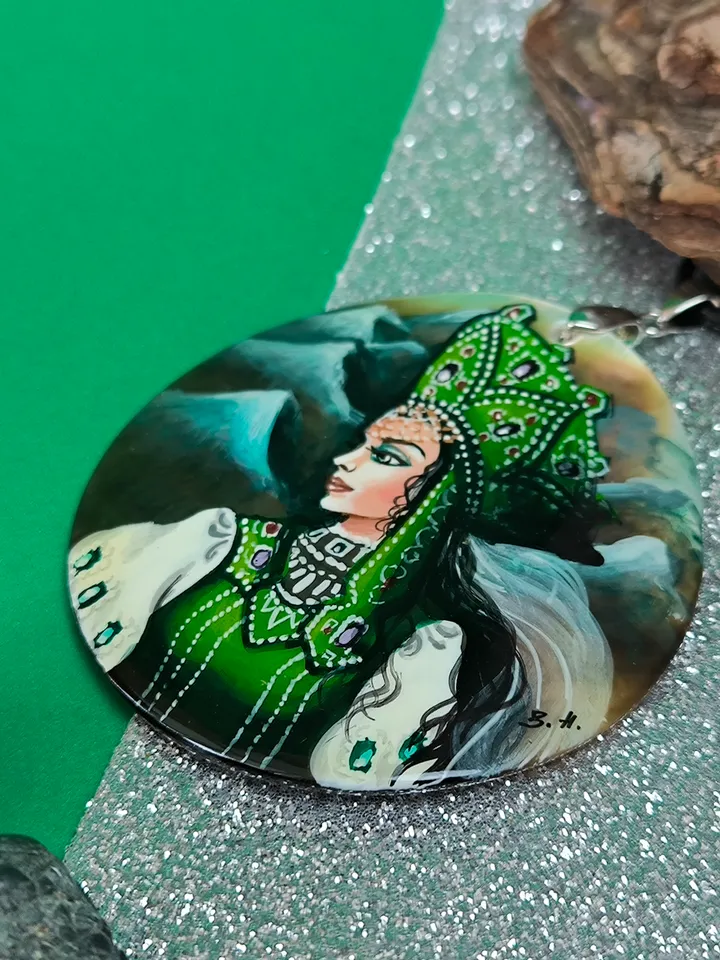 Pearl pendant necklace: Mistress of the Copper Mountain painted on elegant pendant. Russian cutie on handmade jewelry shell. Outstanding art