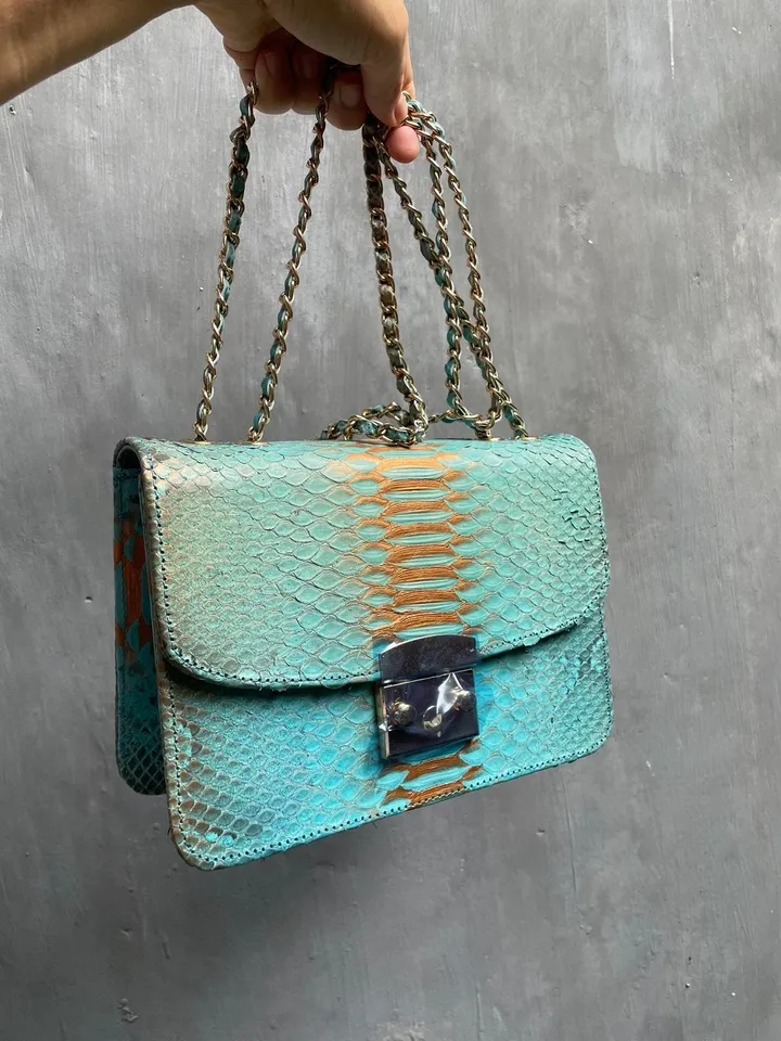 Genuine python skin crossbody blue classy bag| designer women leather handbag | snakeprint bag | crossbody purse | gift for her