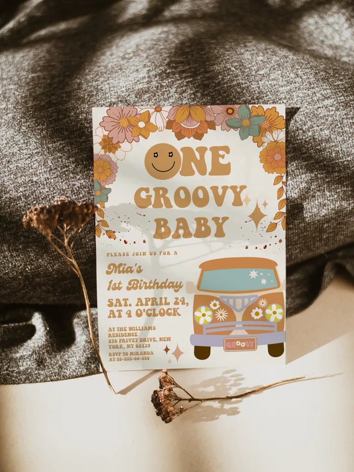 One Groovy Baby Editable Any Age Pink Groovy Van Daisy Rainbow Hippie Birthday Invitation Let's get Groovy 1st Birthday Invitation ; gr3
