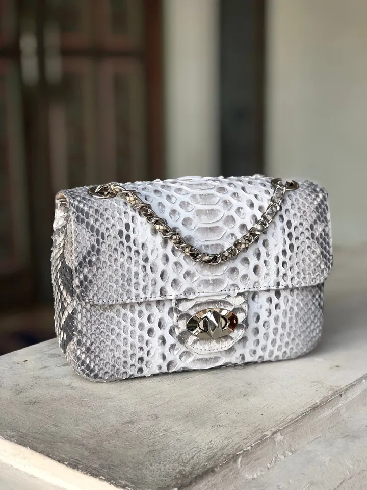 Genuine Python Skin Small Crossbody Leather Bag | Classy Small Crossbody Chain | Grey Light Small Crossbody Summer Elegant Classy Women Bag
