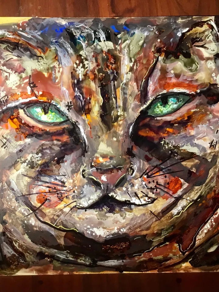 Moody cat,mix media watercolour and alcohol inks painting on yupo paper,original one of a kind,kids room decoration,for cat lovers.