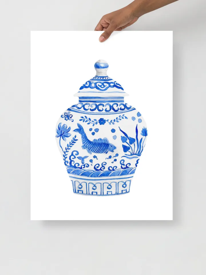 Chinoiserie Wall Art Set Of 3 Art Prints Watercolor Painting Blue White Porcelain Vintage Art Prints Chinese Jar Painting Porcelain Vase Art