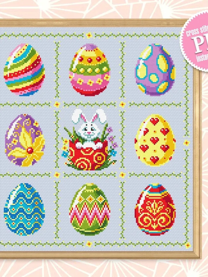 Easter eggs cross stitch pattern download PDF Funny Easter bunny cross stitch chart, Easter cross stitch sampler, DIY Easter home decor #T5