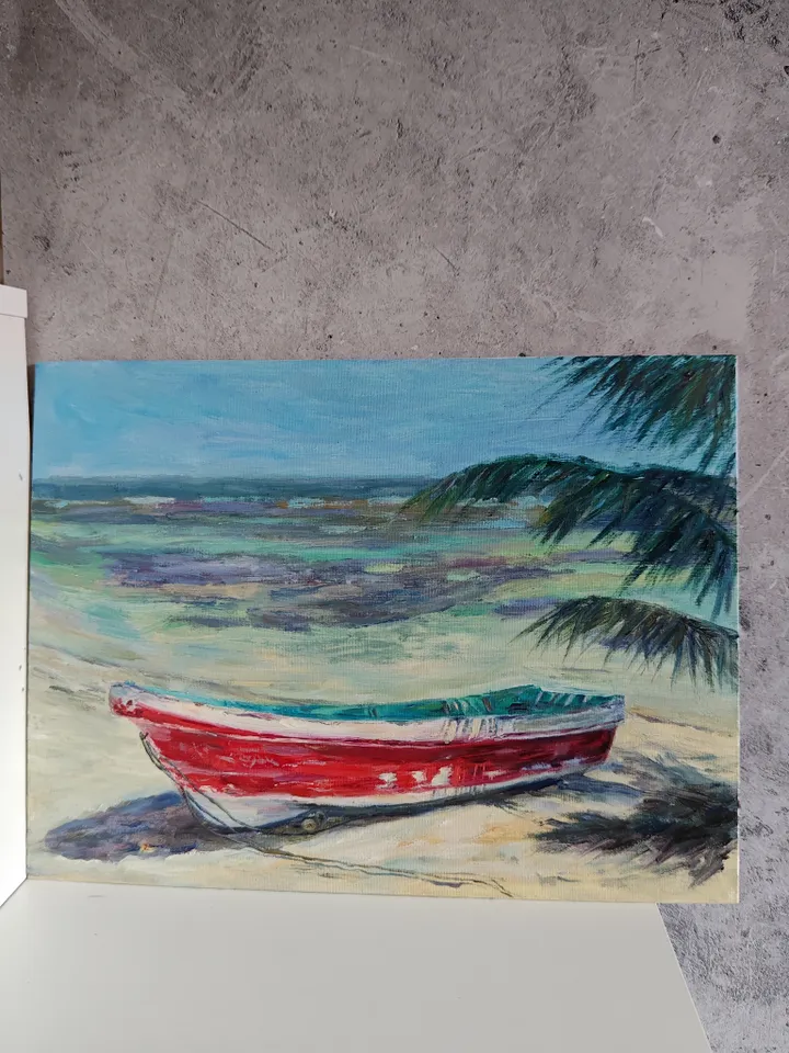 Boat oil painting beach artwork