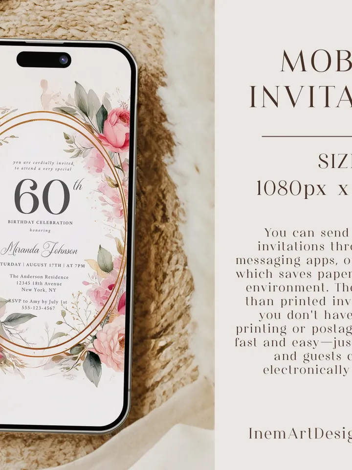 60th Birthday Invitation for Women – Blush Pink & Gold Floral, Elegant Printable Party Invite for Women or Mother, Digital Canva Template