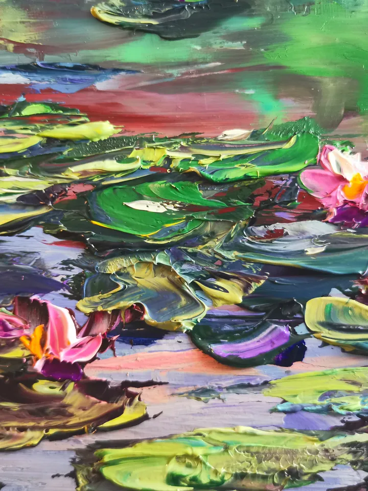 Water Lilies Pond Original Impasto Art Oil Painting Beach Artist Svinar Oksana