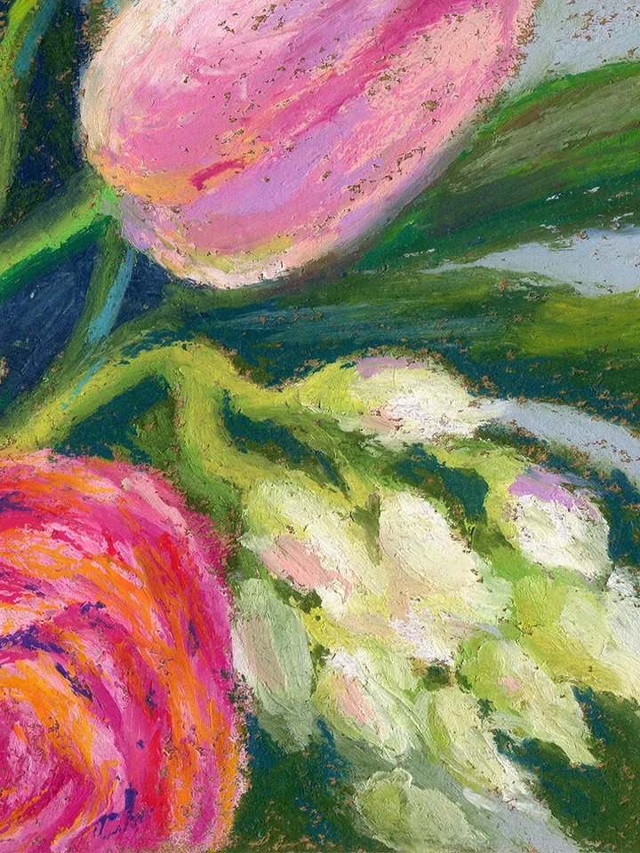 Bouquet of flowers Calla Roses Tulips Oil Pastel drawing on A4 craft paper