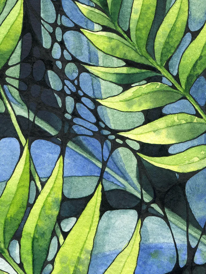 Watercolor poster with abstract leaves , Watercolor digital file JPEG, Printable, Blue-green painting, Art print, Graphics