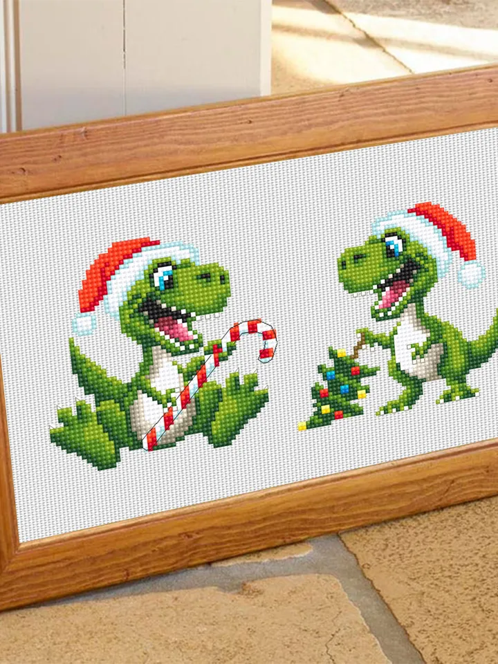 Funny dinosaur christmas cross stitch pattern PDF download, Set of 2 small dinosaur cross stitch chart, Cute dino pattern digital PDF #N113