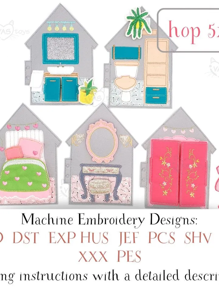Dollhouse Quiet Book Pages ITH Embroidery Design Set (4 Rooms), Felt Activity Book Pattern, Miniature House Toy 5x7 Hoop