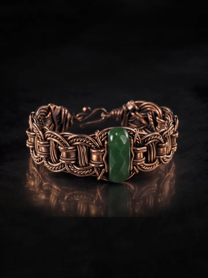 Copper wire wrapped jade bracelet 7th Anniversary gift