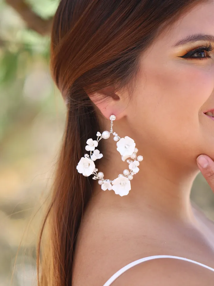 Delicate Porcelain Flowers Wedding Earrings For Bride, Crystal Silver Bridal earrings, Hoop Earrings, Chandelier Statement Earrings, Jewelry