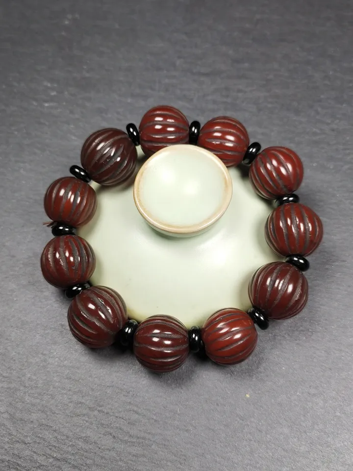 Gandhanra Old Tibetan Wrist Mala, 0.75" Agate Pumpkin Ball Prayer Beads Bracelet