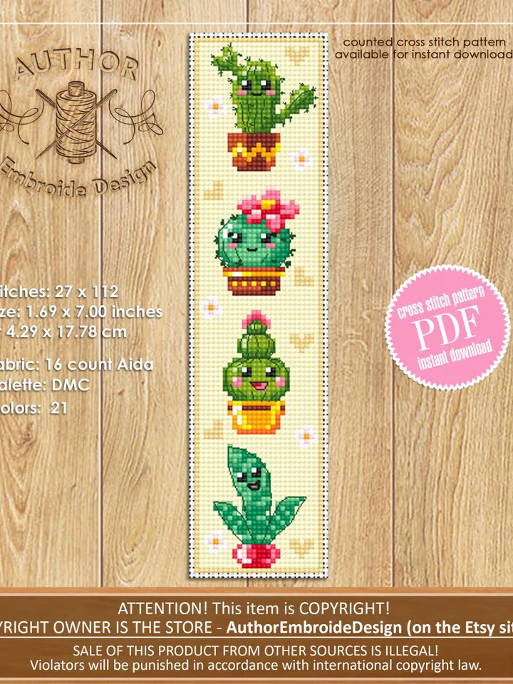 Cactus bookmark cross stitch pattern PDF download Kawaii cactus cross stitch chart, Floral bookmark pattern digital PDF, Potted plants #B342