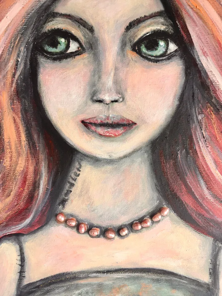 Madlen doll original oil and acrylic mix media painting on stretched canvas.decorated with natural rose river pearls,abstract background.