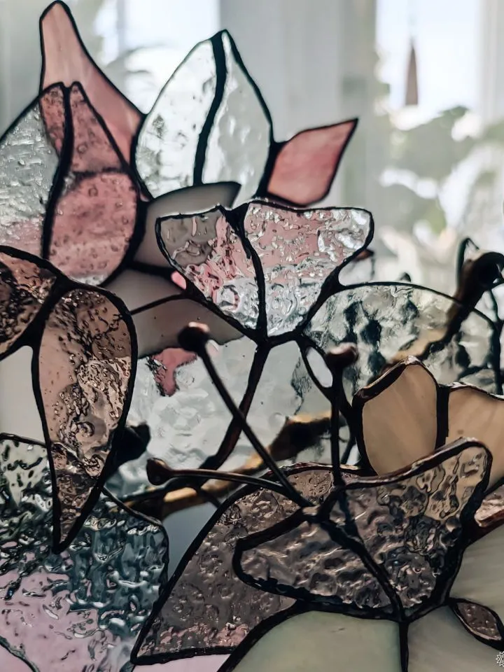 3D White and Pink Stained Glass Branch, 3D White-and-Blush Branch, 3D Stained Glass White and Pink Branch, White and Blush 3D Glass Twig, Delicate Pink & White Glass Floral Stem, Layered Stained Glass Blossom Branch, Handmade 3D Art Glass Flower Spray