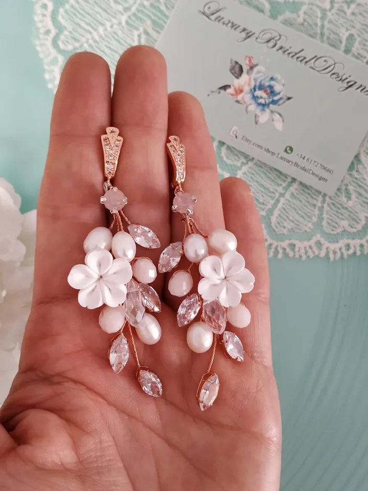 Diamond Rose Gold Wedding Earrings, Chandelier Statement Earrings, Floral Wedding Jewelry, Boho Wedding Earrings, Boho Bridal Earrings