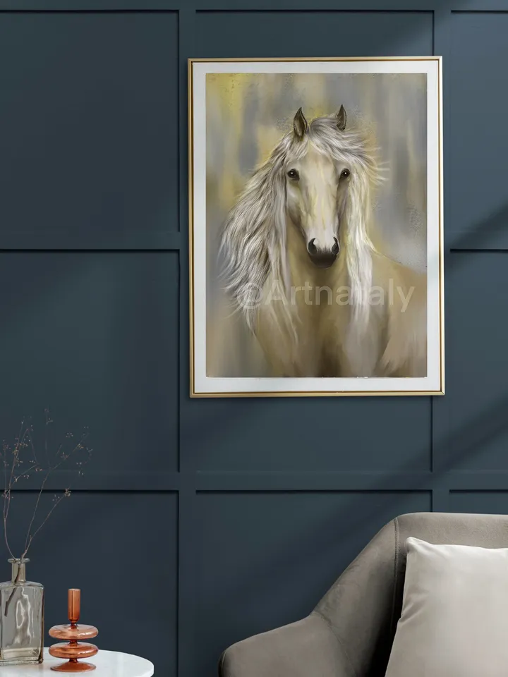 Horse portrait art, Horse wall art, Horse head digital art with white mane