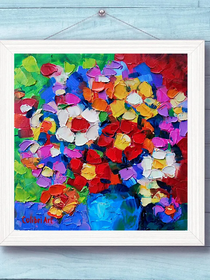 Daisy Painting Abstract Original Art Flower Painting Floral Colorful Small Art Rainbow Still Life 8"x 8" By Colibri Art