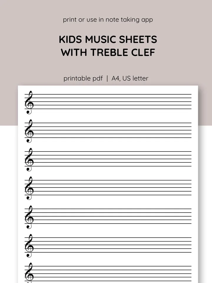 Kids printable sheet music. Sheet music with treble clef. Piano staff paper. Blank music paper. Learn piano.
