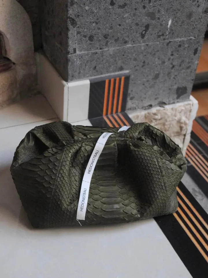 Genuine python skin khaki pouch bag | exotic leather bags | small size soft clutch | green designer bag | gift for her | classy purse