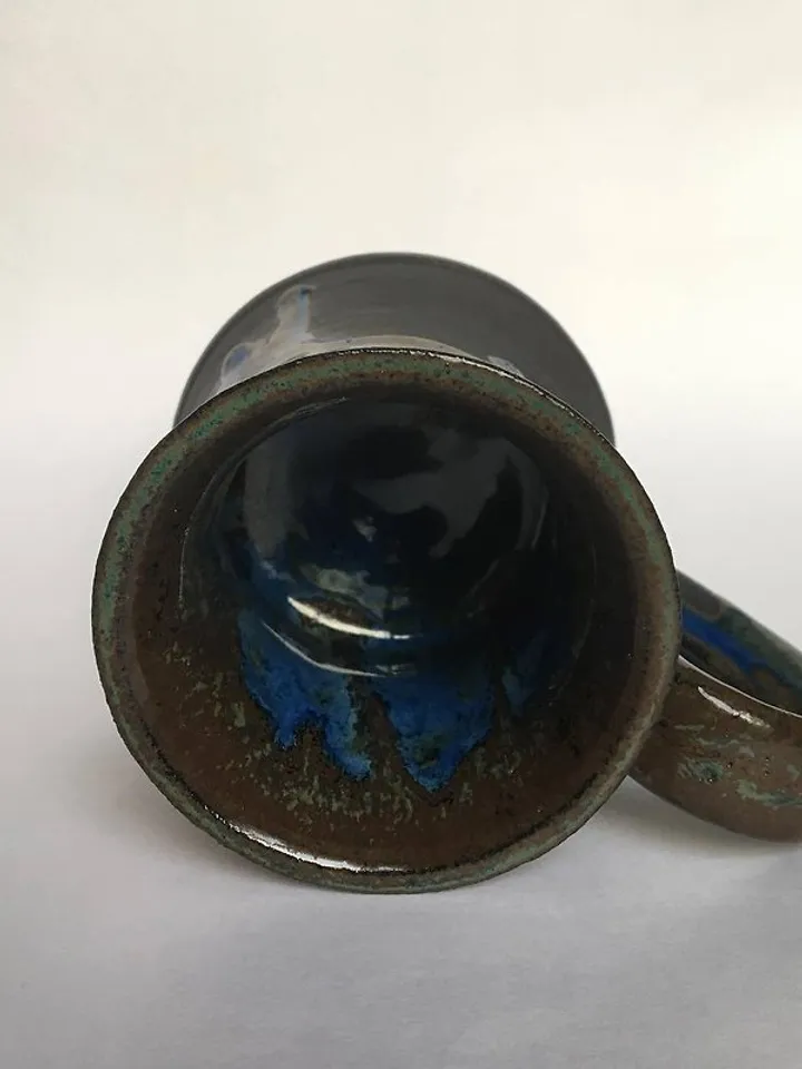 Brown, blue and black glazed stoneware mug