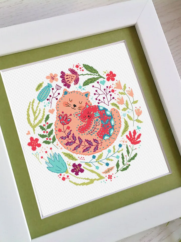 Floral cats cross stitch pattern PDF download Scandinavian folk cross stitch chart Nordic cross stitch Scandinavian ornament embroidery #K25