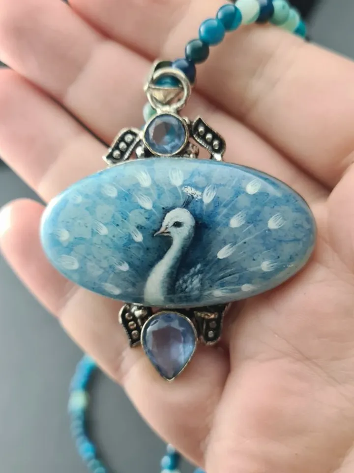 White peacock on blue necklace Miniature painting on Dendritic Agate Stone opal