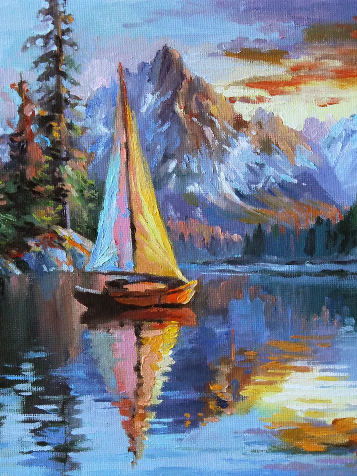 Lonely boat. Oil painting