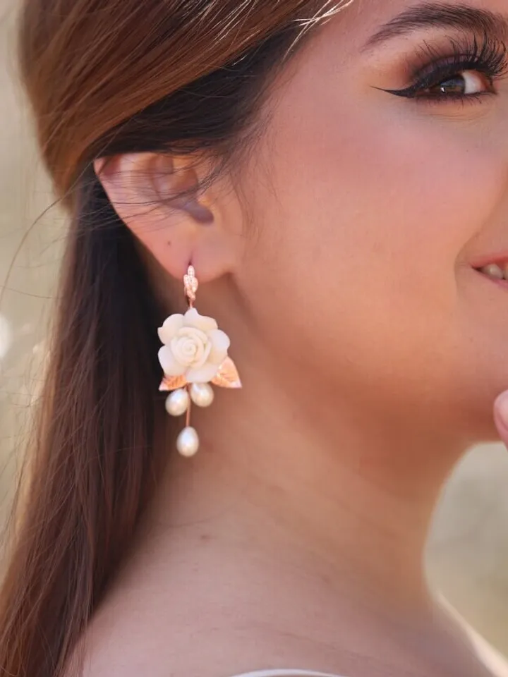 Rose Gold Boho Wedding Earrings, Delicate Porcelain Flowers Wedding Earrings, Pearl Teardrop Bridal Earrings, Statement Leaf Wedding Jewelry