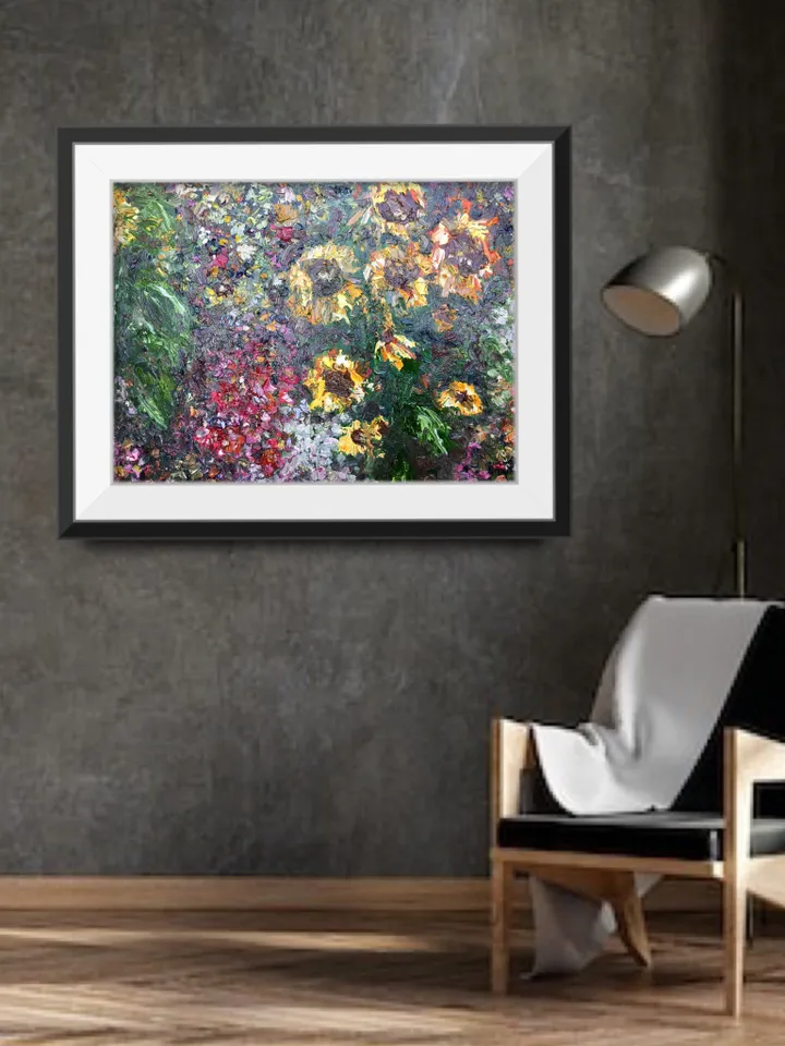 Colourful Sunflowers garden,original impasto oil painting on stretched canvas,flowers painting,impressionistic,wall hanging,one of a kind.