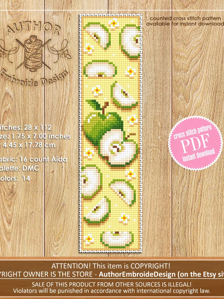 Fruit bookmark cross stitch pattern PDF download Green apple cross stitch chart, Digital bookmark pattern, Small flowers cross stitch #B140