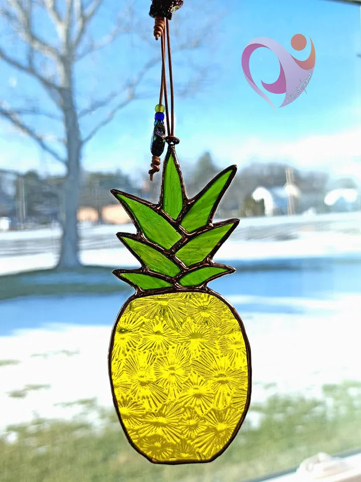 Pineapple Stained Glass Car Charm Suncatcher Rear View Mirror Accessory Fun Golf Cart Gift for Swingers