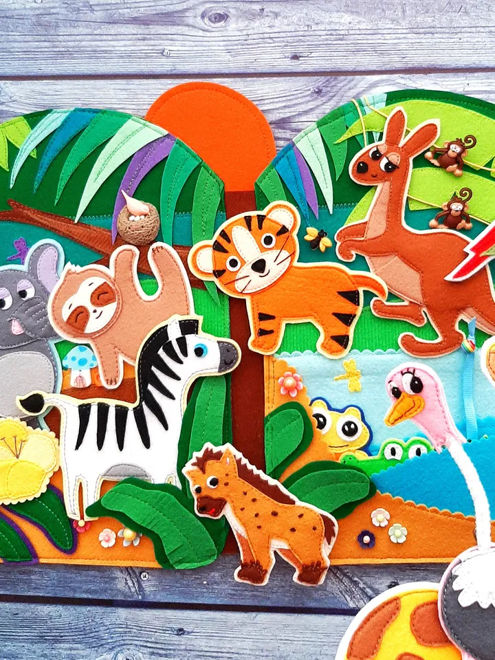 Jungle Quiet Book pattern PDF, Felt book pattern, Soft montessori book template, Felt jungle animals pattern, Felt Activity Book pdf ideas