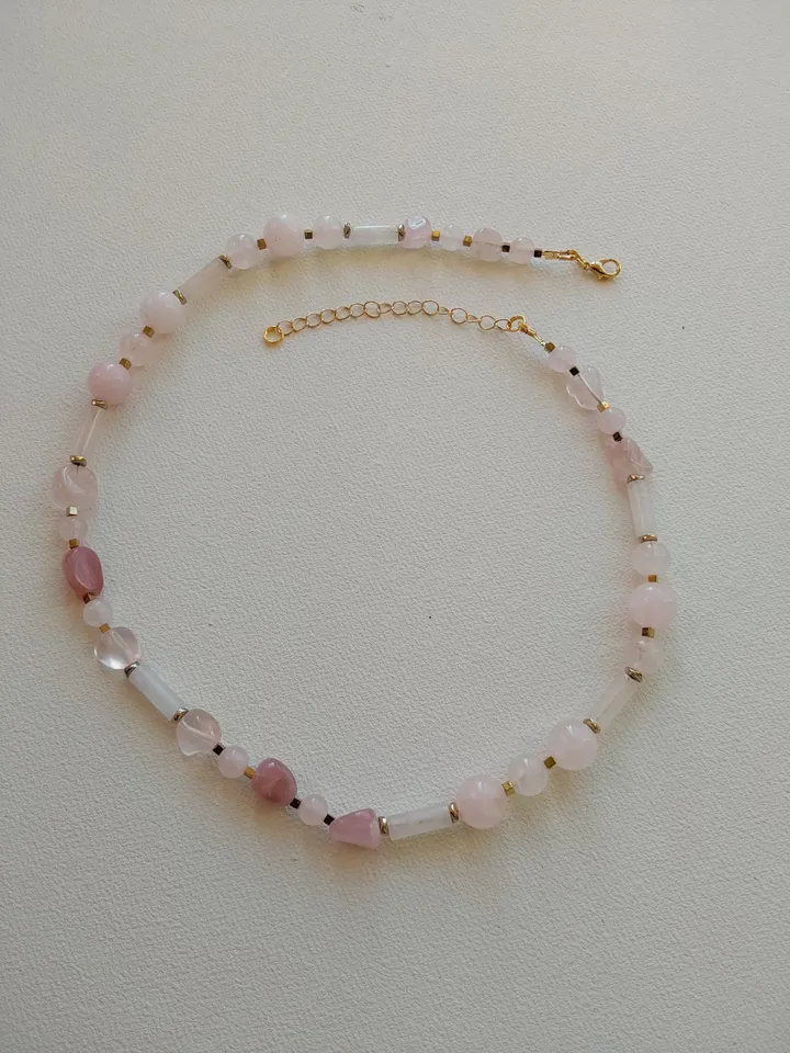 Choker, necklace, beads made of natural stones. Rose quartz and hematite. 45-50 cm. Delicate, airy decoration for the neck