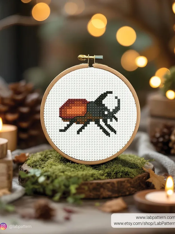 Rhinoceros beetle Cross stitch pattern, contemporary nature, mini insects, beginner counted, modern chart, gift DIY, embroidery, instant PDF