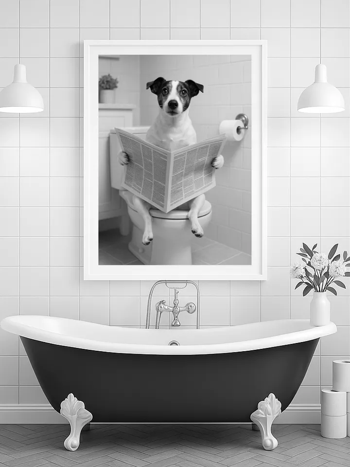 Funny Jack Russell Bathroom Wall Art, Dog Reading Newspaper Print, Humorous Pet Lover Digital Download