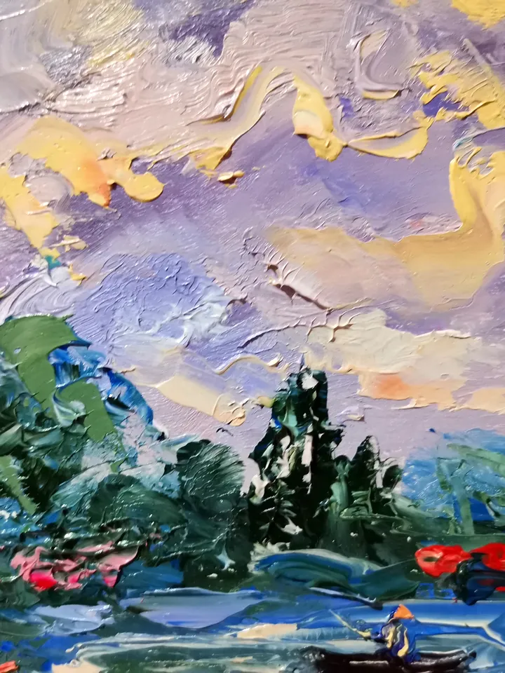 Bright Poppies Lake Boat Sunset Impasto Oil Painting Flowers Original Artist Svinar Oksana