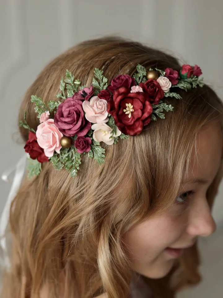 Flower girl crown, Burgundy flower crown, Toddler flower crown, Wedding flower crown, Flower crown