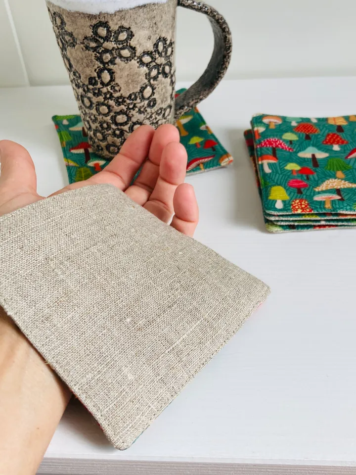 Coasters with Mushrooms Set of 6 Linen-cotton coasters 4.5'' x 4.5''