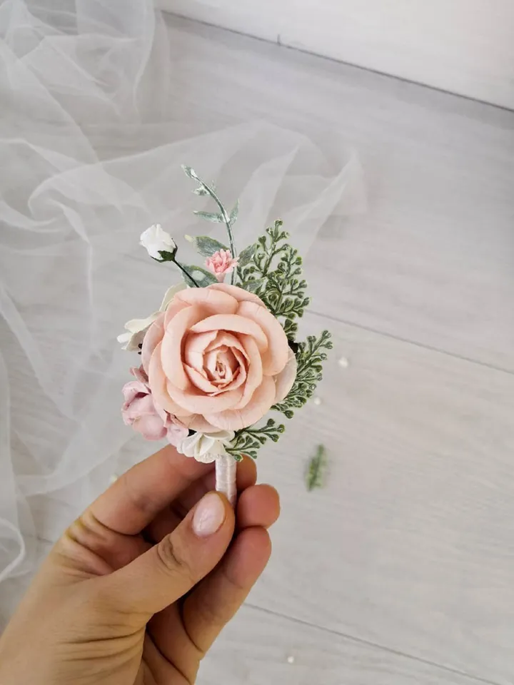 Blush Boutonniere, Blush pink wedding, Silk paper flowers, Rose Boutonniere, Wedding boutonniere for men