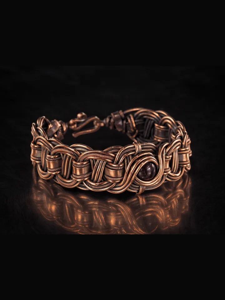 Copper wire wrapped garnet bracelet Unique bangle 7th Wedding Anniversary