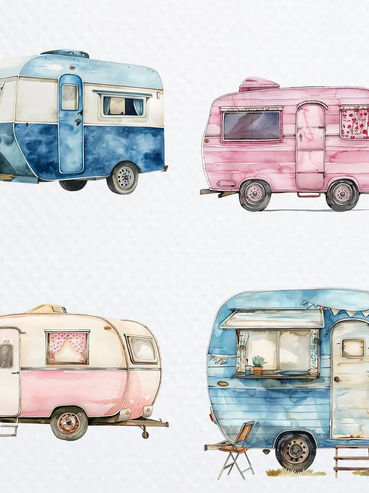 18 Cartoon Trailer PNG Bundle, Camping Trailer Printable Watercolor clipart for sublimation, High Quality PNGs, digital crafting, journaling