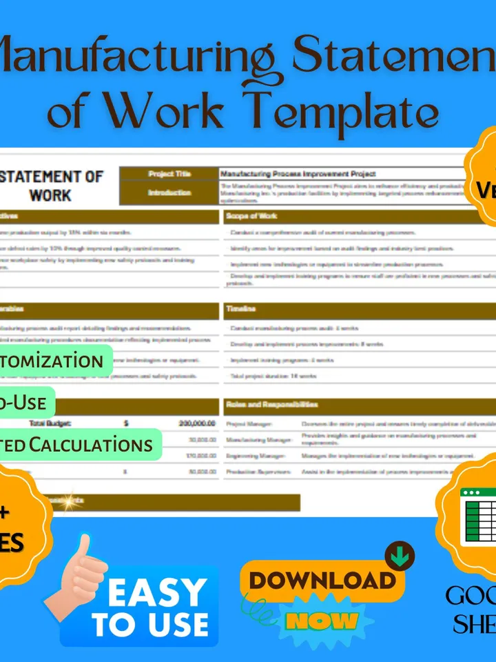 Manufacturing Statement of Work Template | SOW Agreement, Work Scope Document for Google Sheets Contractors