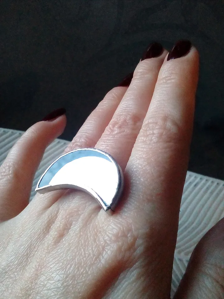 Mirror crescent ring, moon ring, soldered ring, stained glass ring, protection ring, Halloween ring, witchy aesthetic