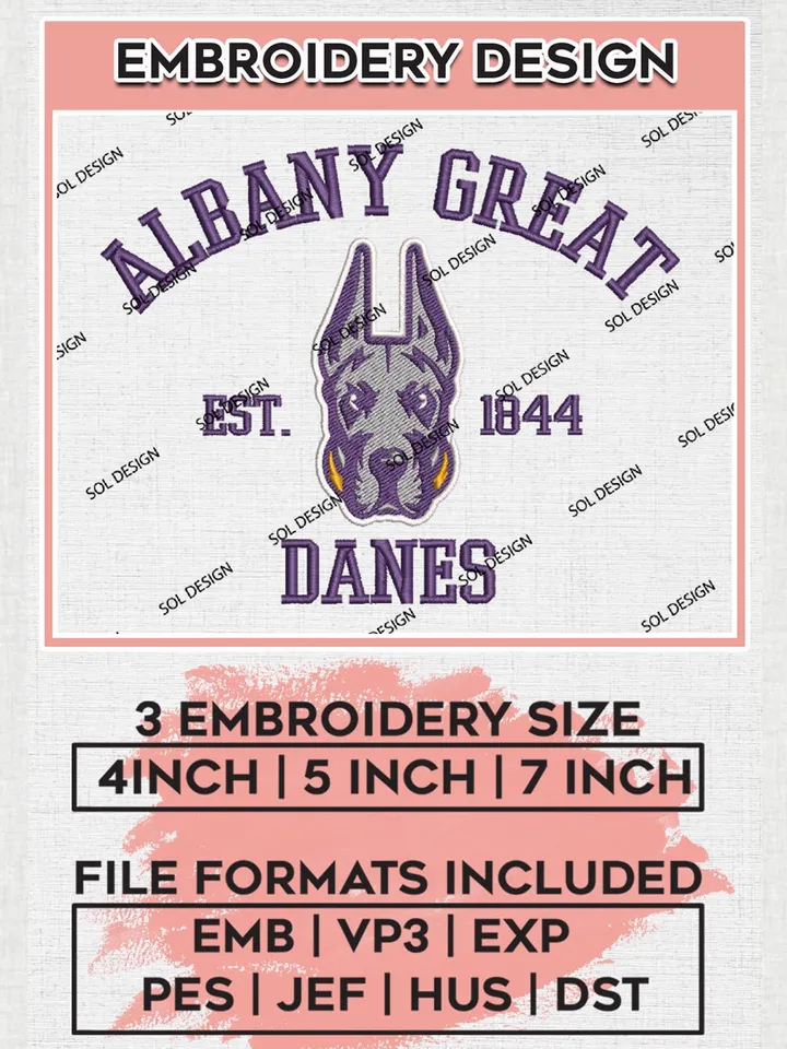 UAlbany Great Danes Est 1844 Logo Embroidery Designs, NCAA UAlbany Great Danes Team Embroidery, NCAA Team Logo, 3 sizes, Machine embroidery Files, Digital Download