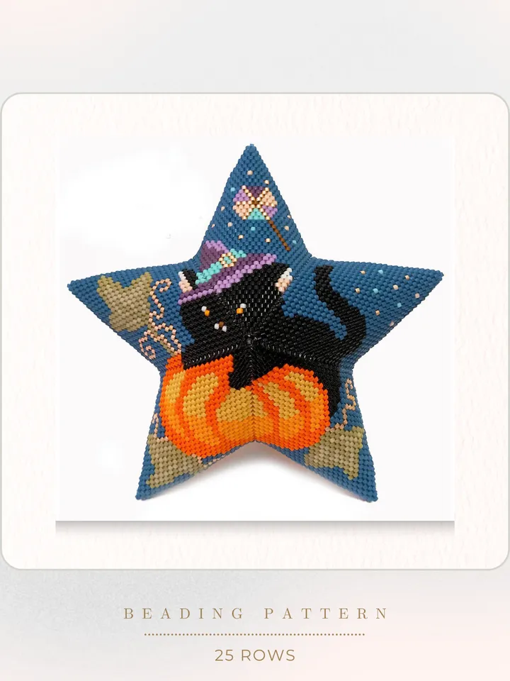Peyote Star, Black Cat & Pumpkin Beading Pattern, Seed Bead Halloween Ornament