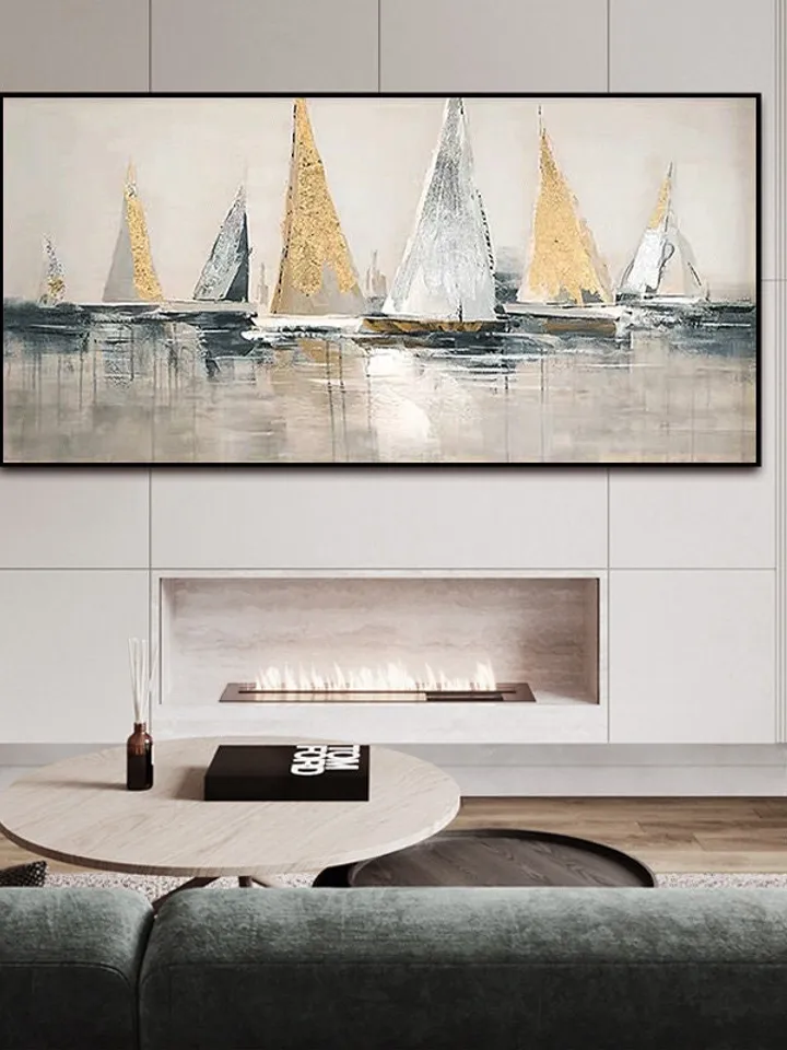 Abstract Sailboats Painting on Canvas,Original Painting,Golden Sailboats Art,Ocean Art,Bedroom Wall Art,Large Painting,Gift for Housewarming